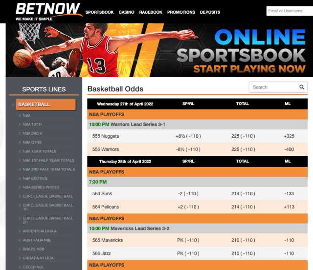 Betnow sportsbook page